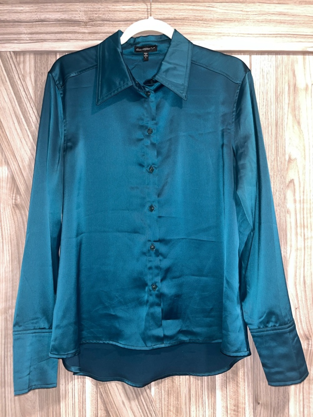 Dark Teal Satin Button-Front Shirt - Size L